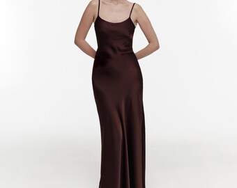 Backless Satin Maxi Dress with Straps, Minimal Slip Dress Floor Length, Elegant Evening Gown for Events or Parties
