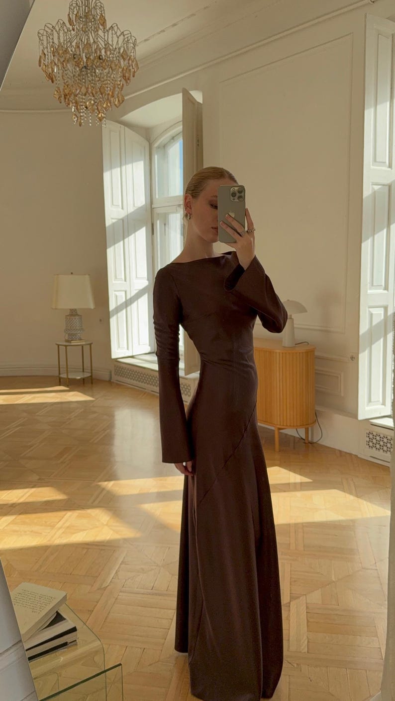 Satin Maxi Dress, Long Sleeve Formal Gown, Evening Dress, Floor Length Dress, Party Outfit for Her, Back Zipper Gown, Dense Satin Dress image 13