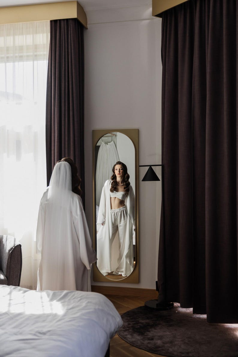 White Robe Pants Bridal Getting Ready Satin Set, 3 Piece Wedding Morning Outfit, White ...