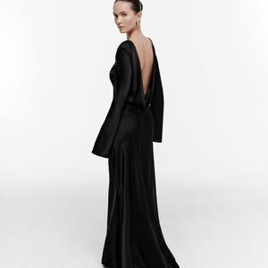 Open back satin evening dress, Long sleeve black formal gown, Elegant maxi dress, Minimalist wedding guest outfit, Women evening wear