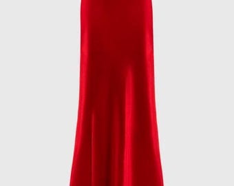 Djupröd satinkjol, A-linjekjol med hög midja, elegant kvällsfestoutfit, satinkjol för kvinnor, outfit för bröllopsgäster, golvlång kjol