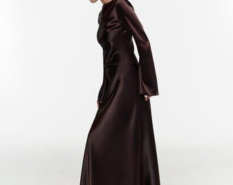 Elegante vestido largo - Vestido de satén personalizado de manga larga, vestido marrón para invitada de boda, vestido formal, vestido de noche para mujer, look de vestido de fiesta