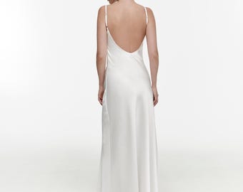 Bridesmaid Satin Maxi Dress with Open Back, Custom Elegant Long Bridesmaid Dress, Backless Wedding Guest Dress, Minimalist Bridal Party Gown