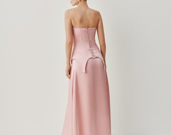 Satinkorsett och maxikjolset, tvådelad formell outfit, elegant kvällsfestkjolkostym