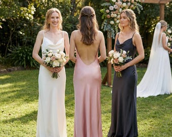 Satin Bridesmaid Dress Open Back, Romantic Slip Maxi Dress, Spaghetti Strap Bridal Party Dress, Elegant Wedding Guest Gown, Matching Dress