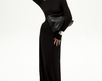 Black Maxi Dress Long Sleeve, Turtleneck Dress, Fitted Evening Dress, High Neck Gown, Elegant Stretchy Dress Long, Formal Occasions Outfit