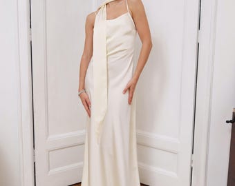 Satin Backless Wedding Dress with Scarf, Spaghetti Strap Bridal Gown, Pearl Reception Dress
