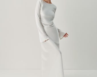 Minimalist Backless Wedding Dress, Long Sleeve Satin Bridal Gown, Modern Floor Length Maxi, Elegant Civil Ceremony or Reception Look