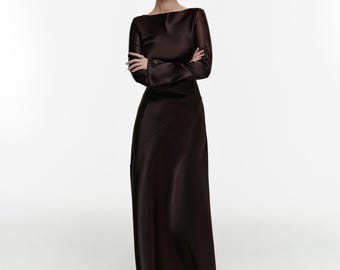 Long Sleeve Satin Maxi Dress, Minimalist Black Tie Gown, Elegant Floor Length Evening Dress