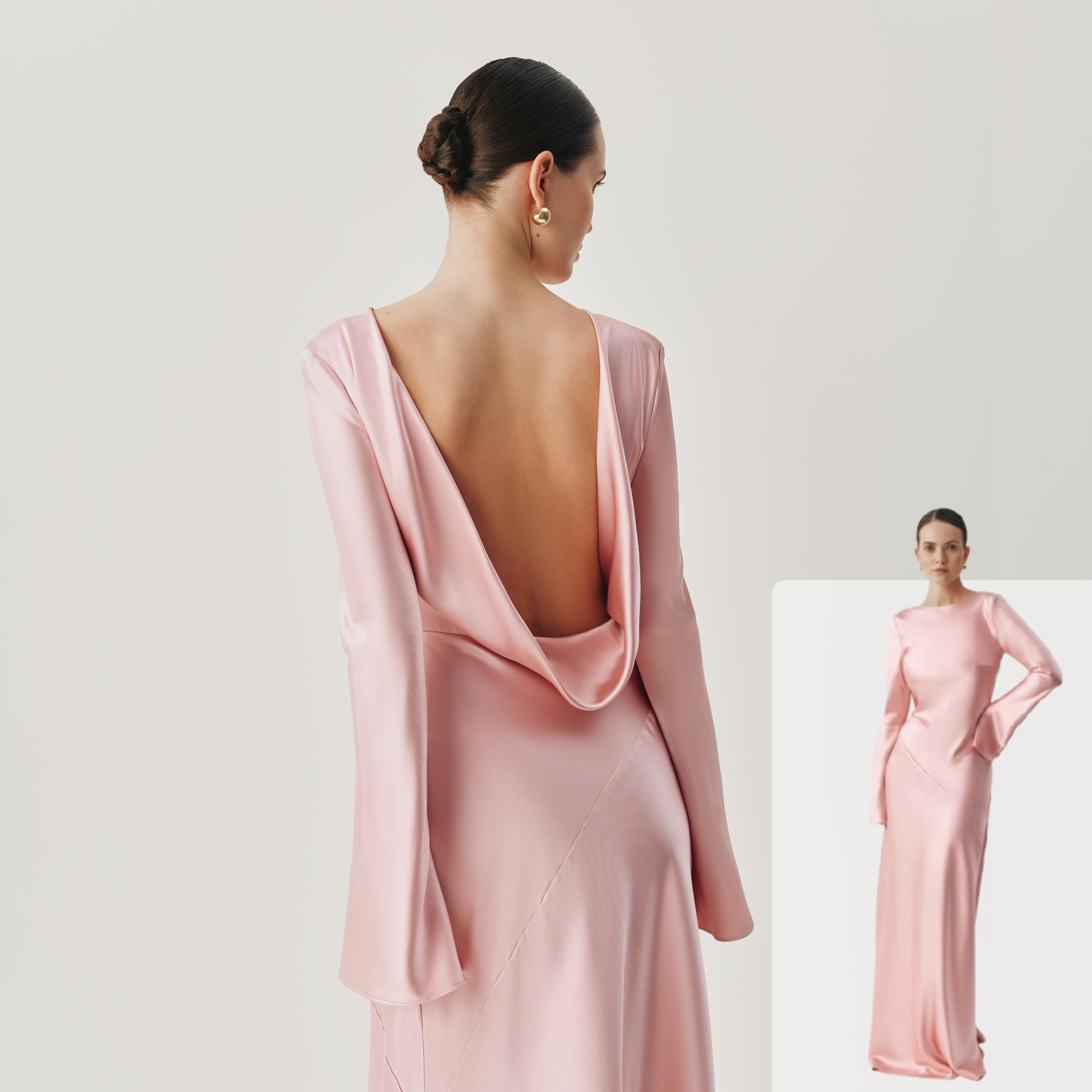 Pink Backless Maxi Dress - Floor Length Evening Gown, Wedding Party Outfit, Loose Fit, Draped Neckline, Flowing Silhouette Cocktail Dress