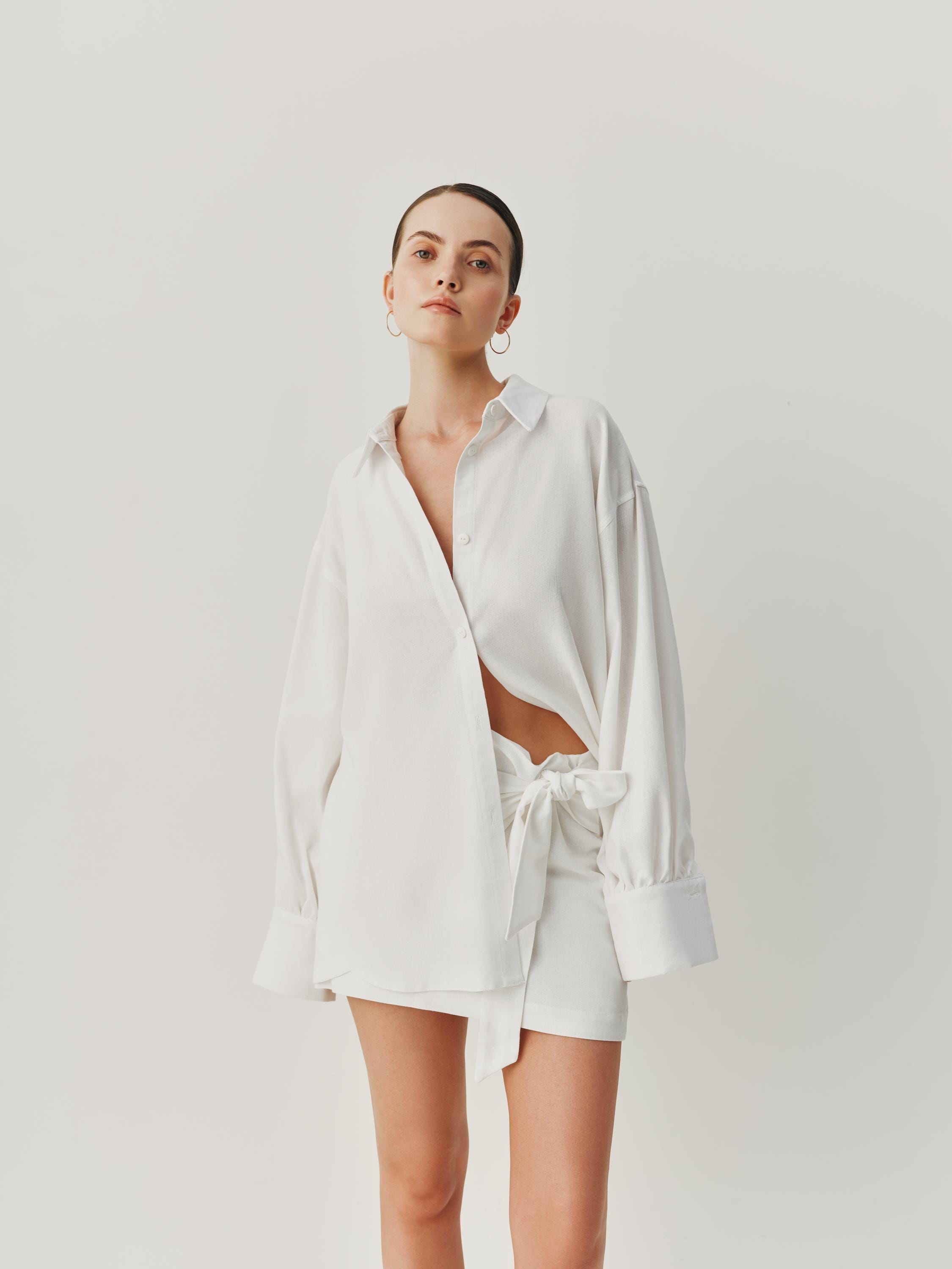 Bridal Linen Set Bride, Wedding Morning Outfit With Oversized Shirt & Mini Skirt, Honeymoon Outfit, Casual Look, Suit