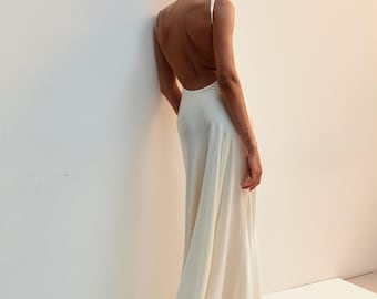Satin Backless Bridal Dress, Elegant Long Wedding Gown for Modern Bride, Minimalist Satin Maxi Dress, Reception or Elopement Outfit