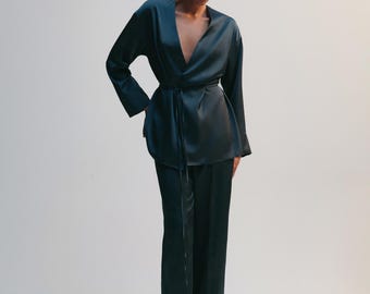 Satin Wrap Blouse Women, Deep V Neck Long Sleeve Top with Belt, Elegant Evening Satin Shirt for Wedding Guest or Date Night
