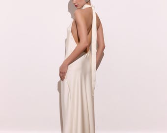 Minimalist Satin Wedding Dress, Open Back Maxi Gown, Modern Civil Ceremony Dress, Elopement Bridal Dress, Elegant Bridesmaid Gown