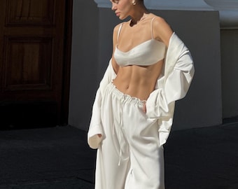 Bride Getting Ready Outfit, Satin Bridal Pajama Set, 3 Piece Wedding Morning Outfit with Oversized Shirt Bralette and Pants