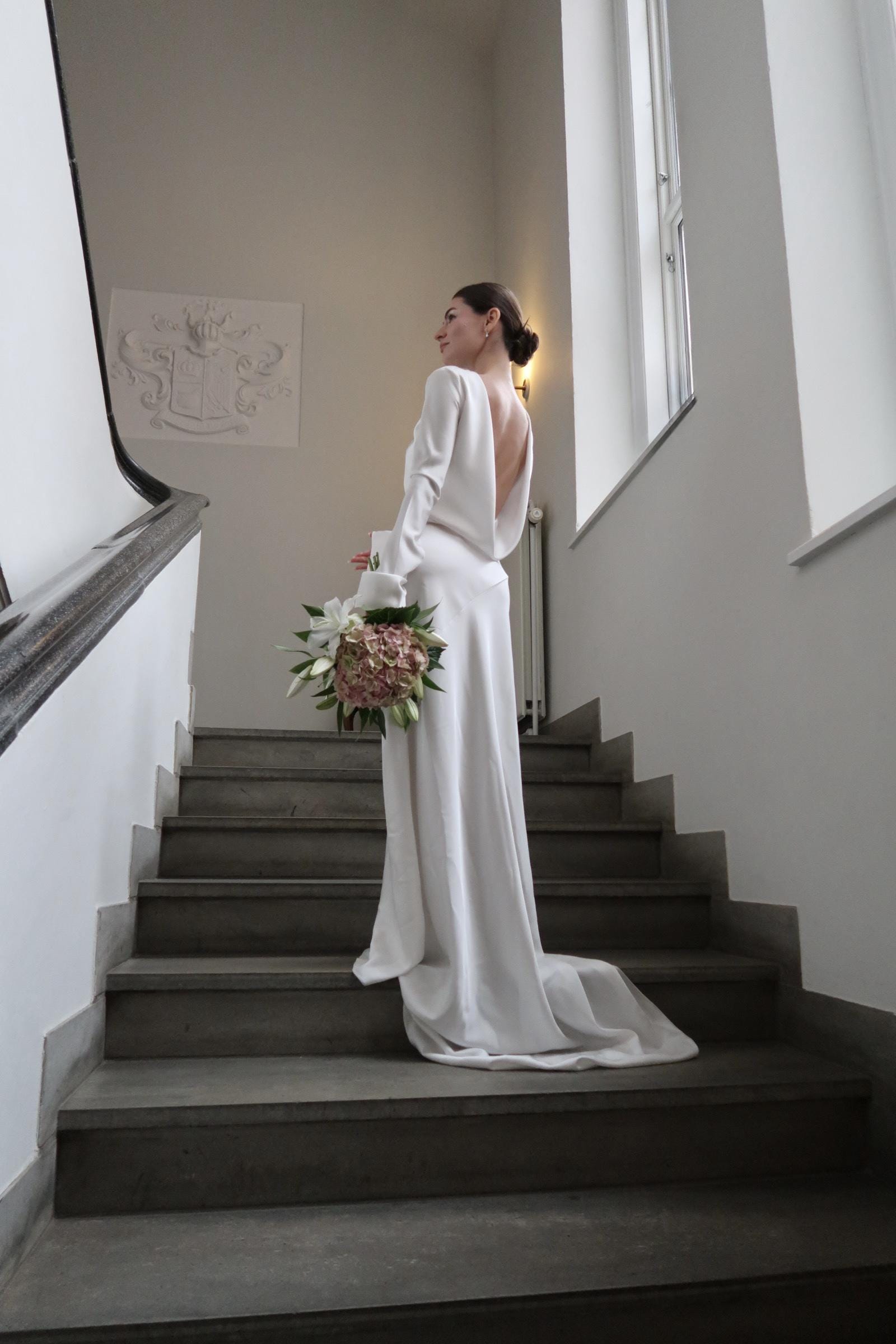 satin long sleeve backless wedding dress A-line Long Sleeve Backless Wedding Dresses White Satin Princess Weddi SELINADRESS
