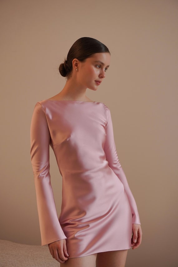 Satin Mini Evening Dress, Long Sleeve Date Night Outfit, Elegant City Dinner  Look - Etsy
