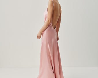 Backless Satin Maxi Dress, Spaghetti Strap Slip Dress, Open Back Evening Dress, Minimalist Wedding Guest Dress, Custom Size Gown