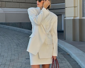 Oversized Wool Blend Blazer and Skirt Set, Elegant White Suit for Women