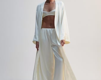 Tenue de mariée pour les préparatifs, ensemble robe de chambre en satin et pantalon large, tenue de luxe pour la matinée de la mariée, vêtements d'intérieur pour la suite nuptiale