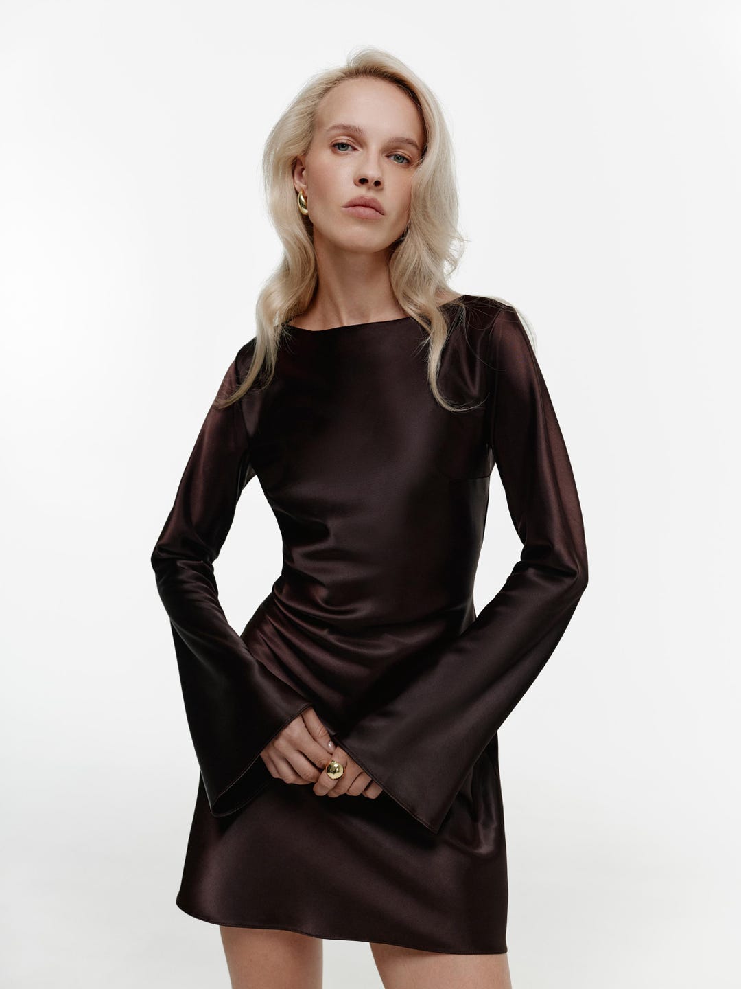 brown satin long sleeve mini dress Long Sleeve Slash Neck Open Back Mini Dress In Brown Slinky | EGO US
