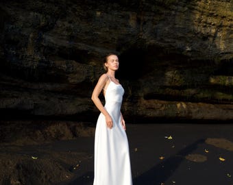 Minimalist Satin Wedding Dress with Low Open Back, Modern Bridal Gown with Train, Slip Dress for Destination Bride, Custom Size Dress