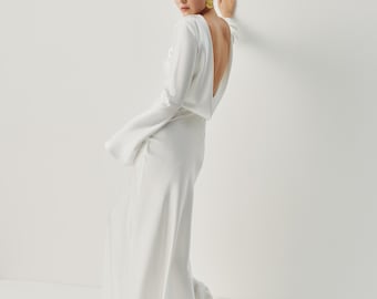 Satin Long Sleeve Dress, Open Back Maxi Dress for Rehearsal Dinner, Engagement Dress, Summer Evening Look, Modern Formal Gown, Gift for Her