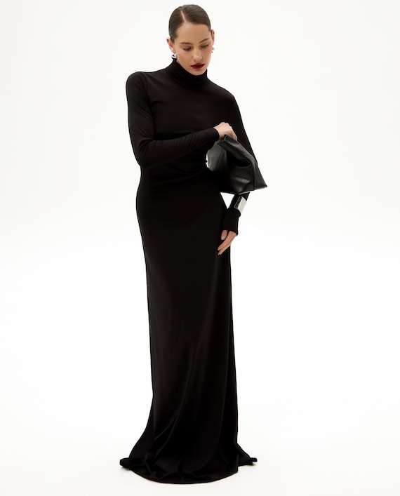 stretch knit maxi dress Dress, Elegant Long Sleeve Formal Gown, High Neck Minimalist Evening Dress, Modern Modest Gown Daywear push