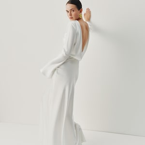 Satin Long Sleeve Dress, Open Back Maxi Dress for Rehearsal Dinner, Engagement Dress, Summer Evening Look, Modern Formal Gown, Gift for Her