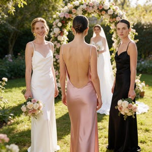 Peut inclure: Trois femmes vêtues de longues robes en satin posent dans un jardin. L'une porte une robe blanche, une autre une robe rose pâle avec un dos nu, et la troisième une robe noire. Chacune tient un bouquet de fleurs, avec une mariée en arrière-plan.