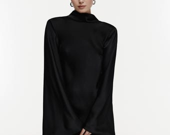 Long Sleeve Evening Dress Satin, Mini Dress with Open Back, Elegant Dress for Wedding Guest, Holiday or Anniversary Outfit, Cocktail Dress