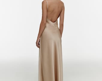 Champagne Satin Bridesmaid Dress, Backless Satin Maxi Dress, Elegant Bridal Party Gown, Minimalist Wedding Guest Dress, Custom Size Gown