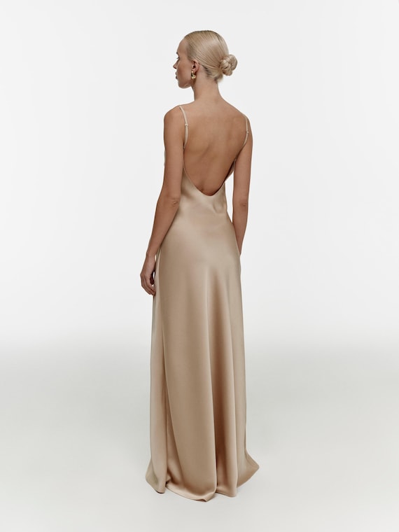 backless champagne satin dress Bridesmaid Dress, Satin Maxi Dress, Elegant Bridal Party Gown, Minimalist Wedding Guest Dress, Custom Size Gown Size:28 plunge neckline Can be Urban_Outfitters Black Homecoming Dresses 2026