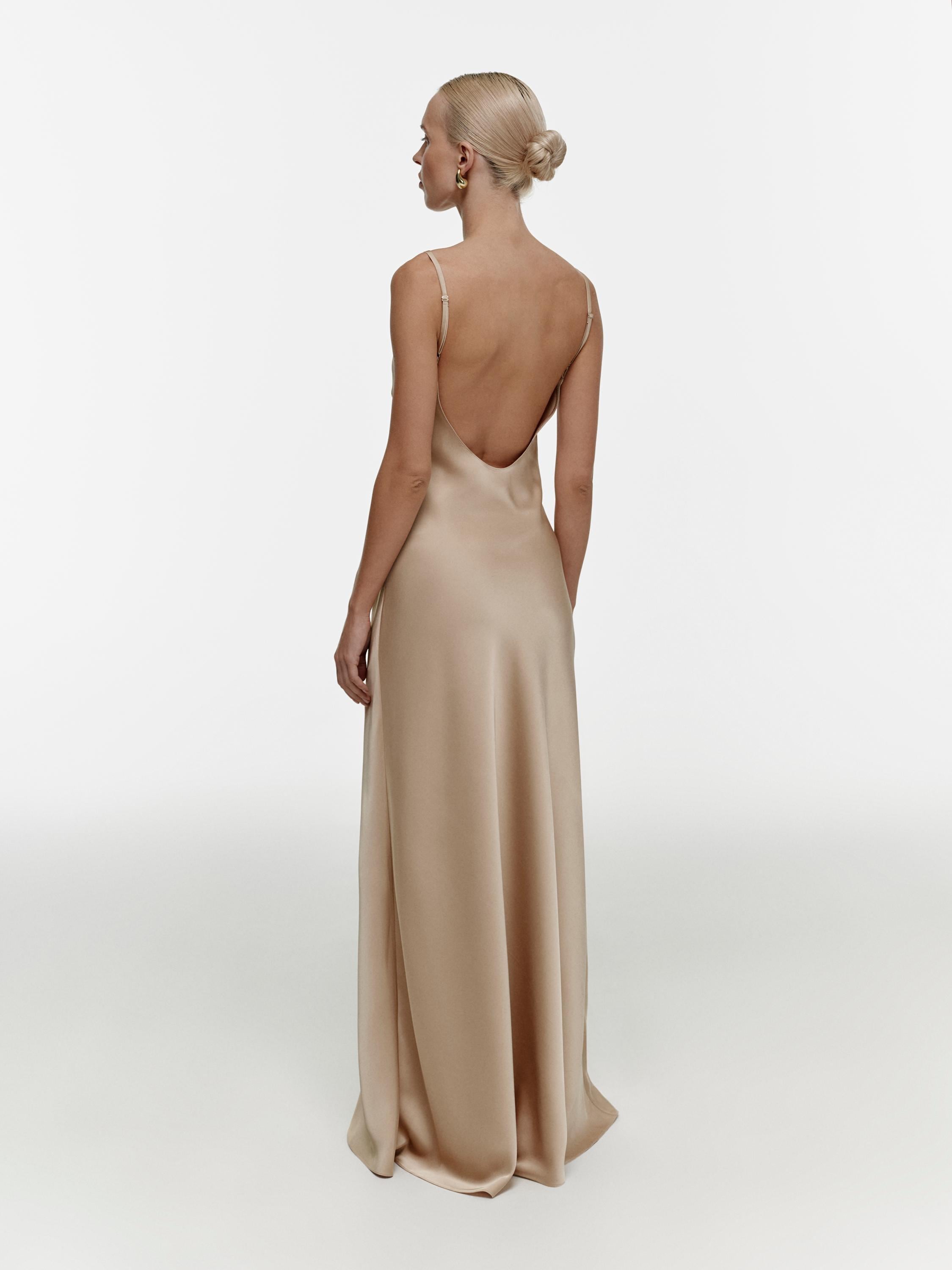 Champagne Satin Bridesmaid Dress, Backless Satin Maxi Dress, Elegant Bridal Party Gown, Minimalist Wedding Guest Dress, Custom Size Gown