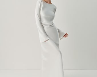 champagne satin maxi dress long sleeve Champagne Satin Maxi Dress: Long Sleeve Open Back Silk Bridal Gown