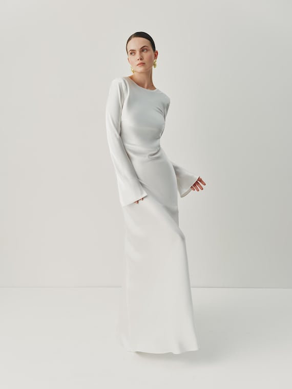 backless satin dress long sleeve Minimalist Backless Wedding Dress, Long Sleeve Satin Bridal Gown, Modern  Floor Length Maxi, Elegant Civil Ceremony or Reception Look