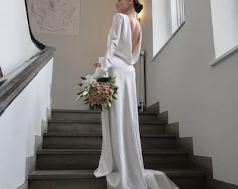 Backless Satin Wedding Dress, Long Sleeve Bridal Gown with Train, Minimalist Open Back Dress, Elopement or Reception Bride Dress