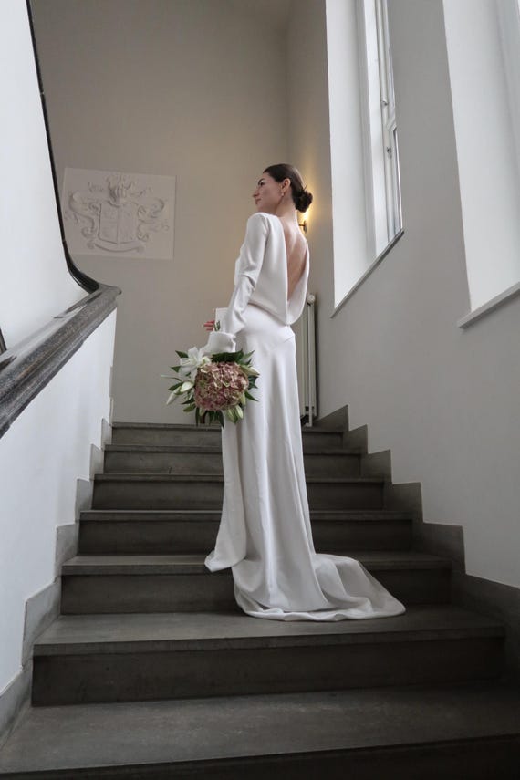 Backless Satin Wedding Dress, Long Sleeve Bridal Gown With Train,  Minimalist Open Back Dress, Elopement or Reception Bride Dress - Etsy
