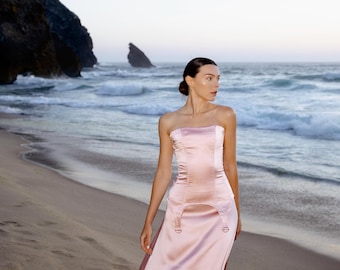 Ensemble robe deux pièces en satin pour femme, corset sans bretelles et jupe longue, ensemble habillé assorti, tenue de soirée élégante pour elle, look de fête d'été