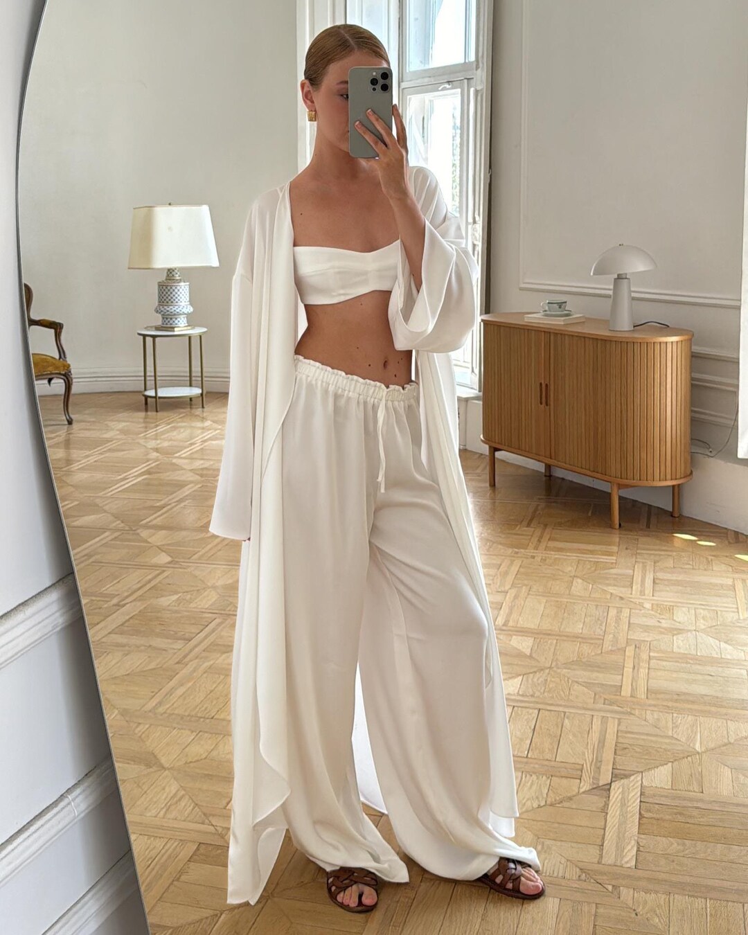 White Robe Pants Bridal Getting Ready Satin Set, 3 Piece Wedding Morning Outfit, White ...