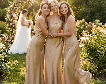 Puede incluir: Tres vestidos largos de satén color champán con tirantes finos, escote redondo y una silueta fluida de corte al bies. Los vestidos presentan un acabado suave y reflectante, con un diseño sencillo y sin mangas que cae sobre el cuerpo.