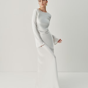 Minimalist Backless Wedding Dress, Long Sleeve Satin Bridal Gown, Modern Floor Length Maxi, Elegant Civil Ceremony or Reception Look