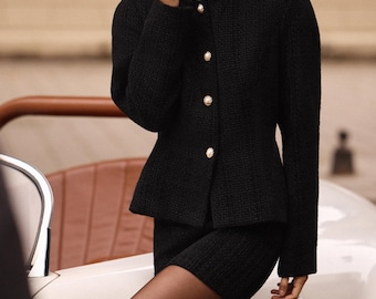 Tweed Skirt and Blazer Suit, Boucle Jacket and Mini Skirt Set, Elegant Two Piece Office Outfit, Classic Tailored Suit for Women, Custom Size