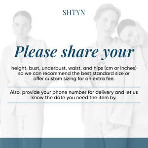 The image is a collage of three photos featuring three people. The text in the image requests that the person share their height, bust, under bust, waist, and hips measurements, as well as their phone number for delivery and the date they need the item.