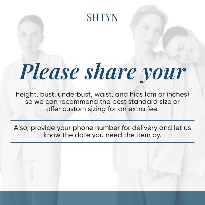 The image is a collage of three photos featuring three people. The text in the image requests that the person share their height, bust, under bust, waist, and hips measurements, as well as their phone number for delivery and the date they need the item.