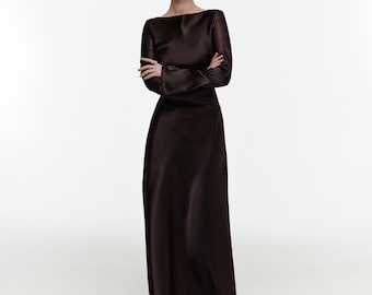 Vestido largo de satén, vestido formal de manga larga, vestido de noche, vestido largo hasta el suelo, atuendo de fiesta para ella, vestido con cremallera en la espalda, vestido de satén denso
