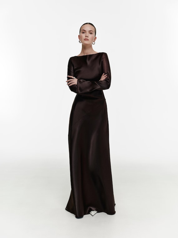 Satin Maxi Dress, Long Sleeve Formal Gown, Evening Dress, Floor Length Dress, Party Outfit for Her, Back Zipper Gown, Dense Satin Dress