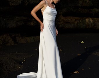 Backless Satin Wedding Dress with Scarf, Beach Elopement Bridal Gown with Train, Minimal Slip Wedding Dress with Open Back
