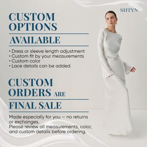 The image is a promotional graphic for a clothing brand, specifically a dress or sleeve length adjustment, custom orders, and final sale.