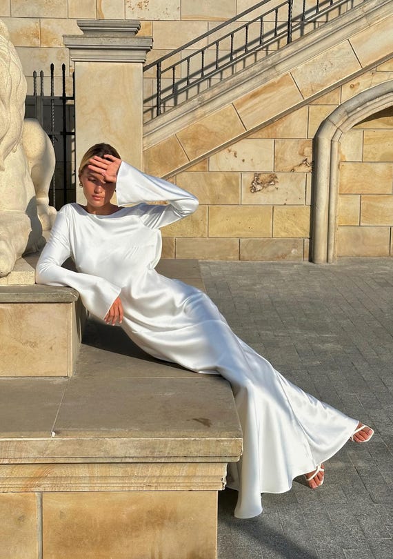 Satin Open Back Maxi Dress, Long Sleeve Evening Gown, Elegant Formal Dress  for Wedding Guest, Bridesmaid Dress Long, Summer Women Outfit - Etsy